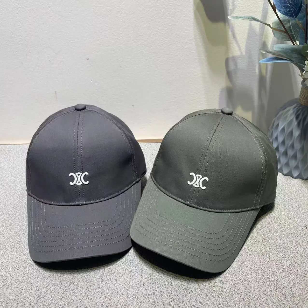Celine Logo Embroidered Grey Brown Olive Baseball Cap