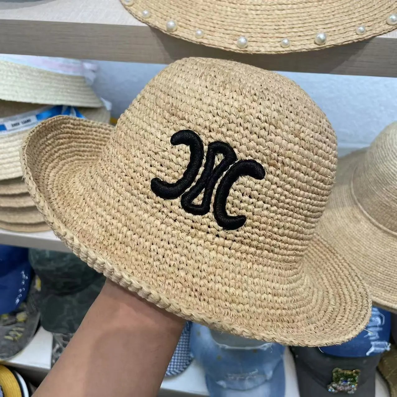 Straw Bucket Hat Beige Embroidered Logo Casual