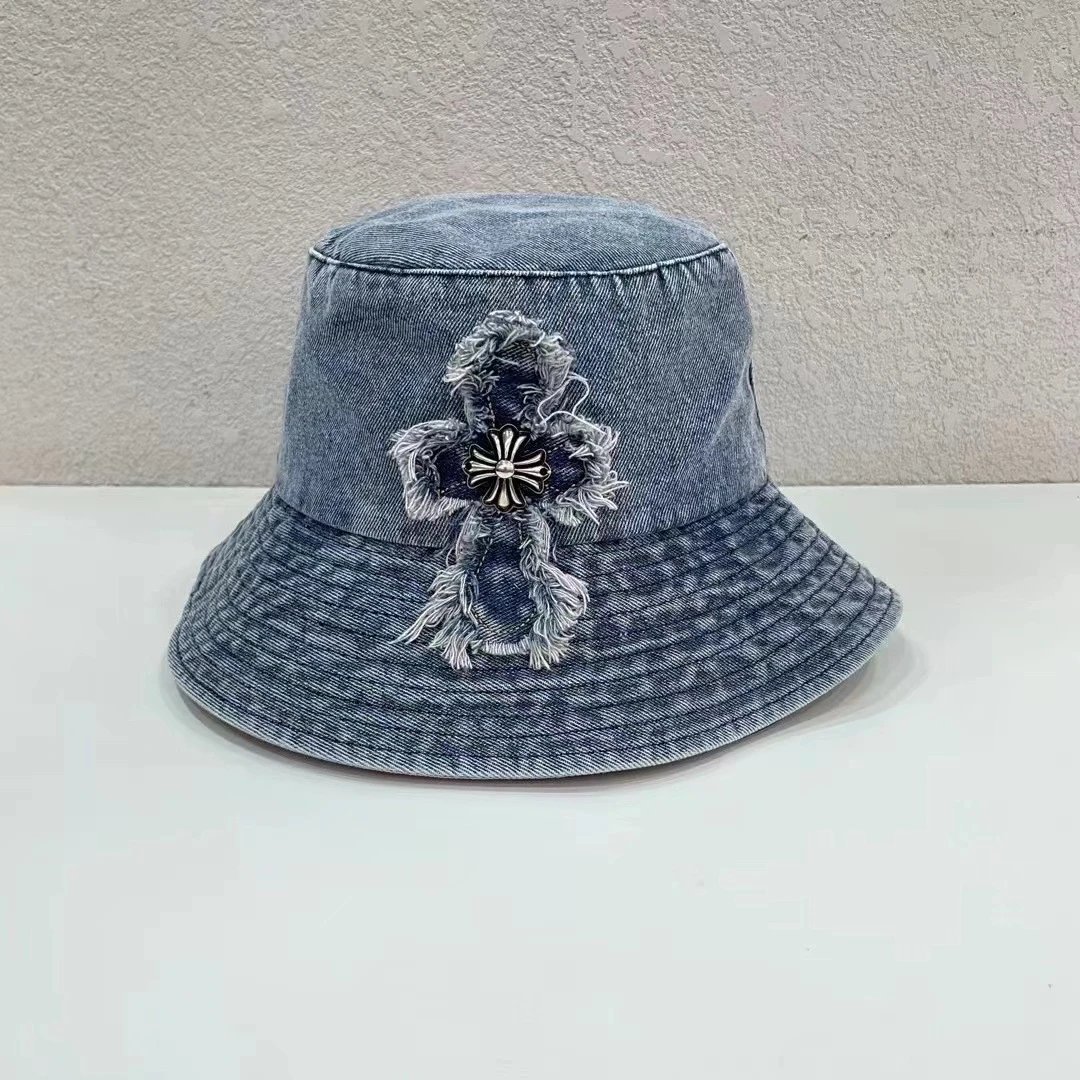 Denim Bucket Hat Light Blue Distressed Cross Embellished Casual