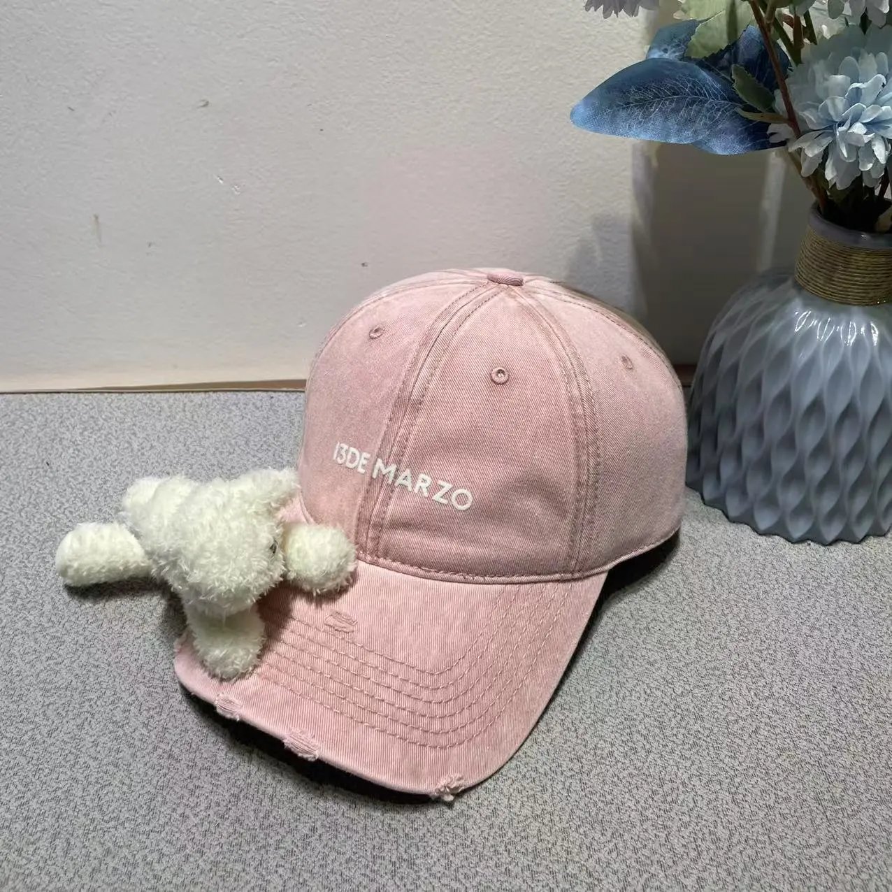 13DE MARZO Pink Beige Distressed Baseball Cap