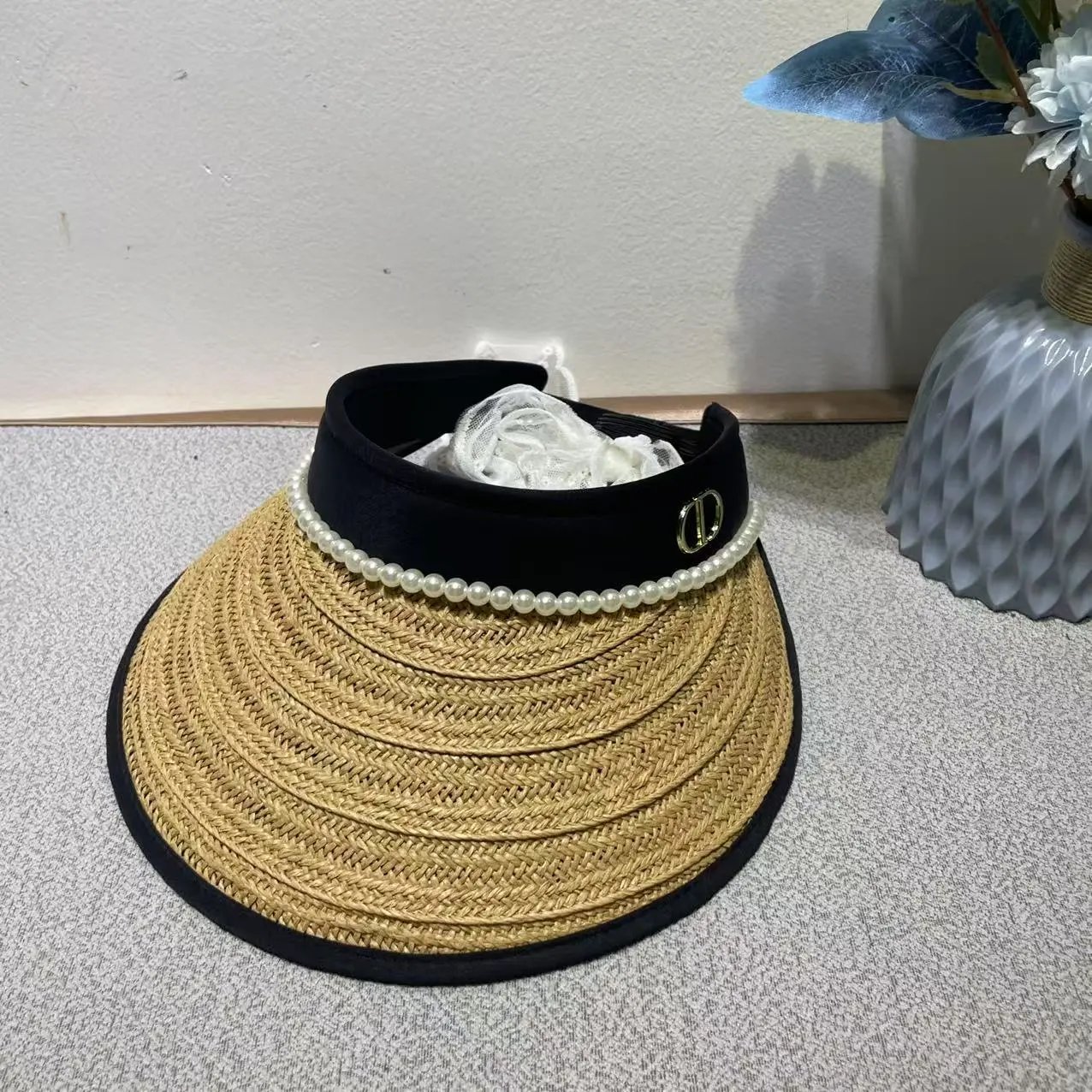 Dior Visor Black Beige Woven Pearl Embellished Sun Hat