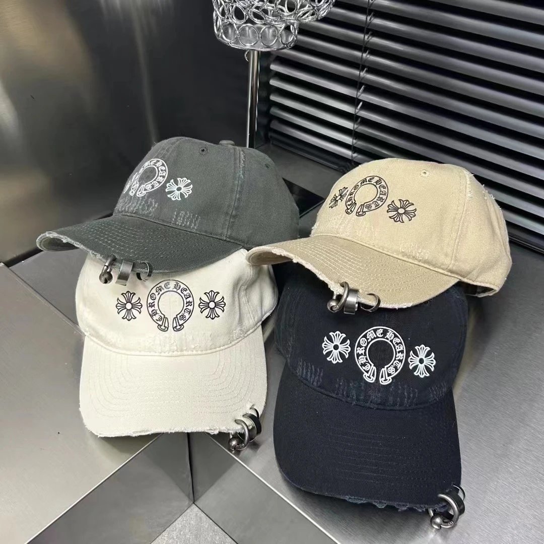 Chrome Hearts Embroidered Distressed Baseball Cap Gray Beige White Navy Streetwear
