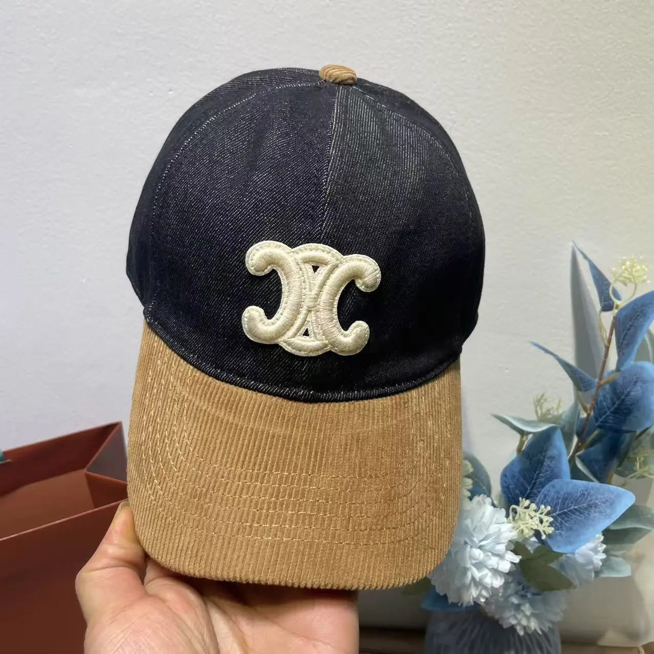Denim Baseball Cap Black Beige Embroidered Logo Cap