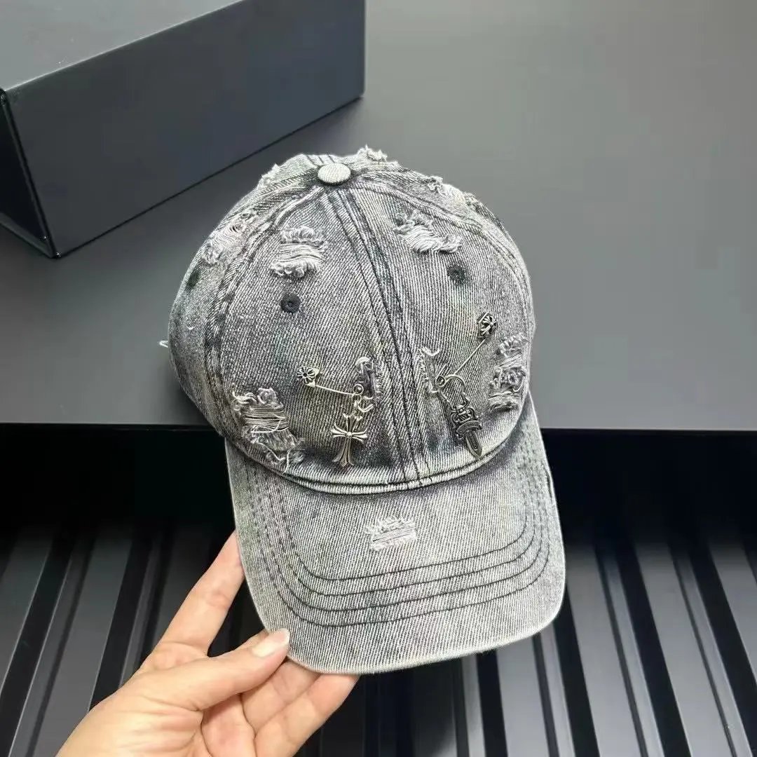 Denim Baseball Cap Distressed Gray Blue Embellished Streetwear