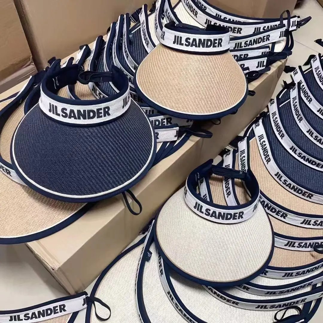 Jil Sander Visor Navy Beige Woven Sun Hat