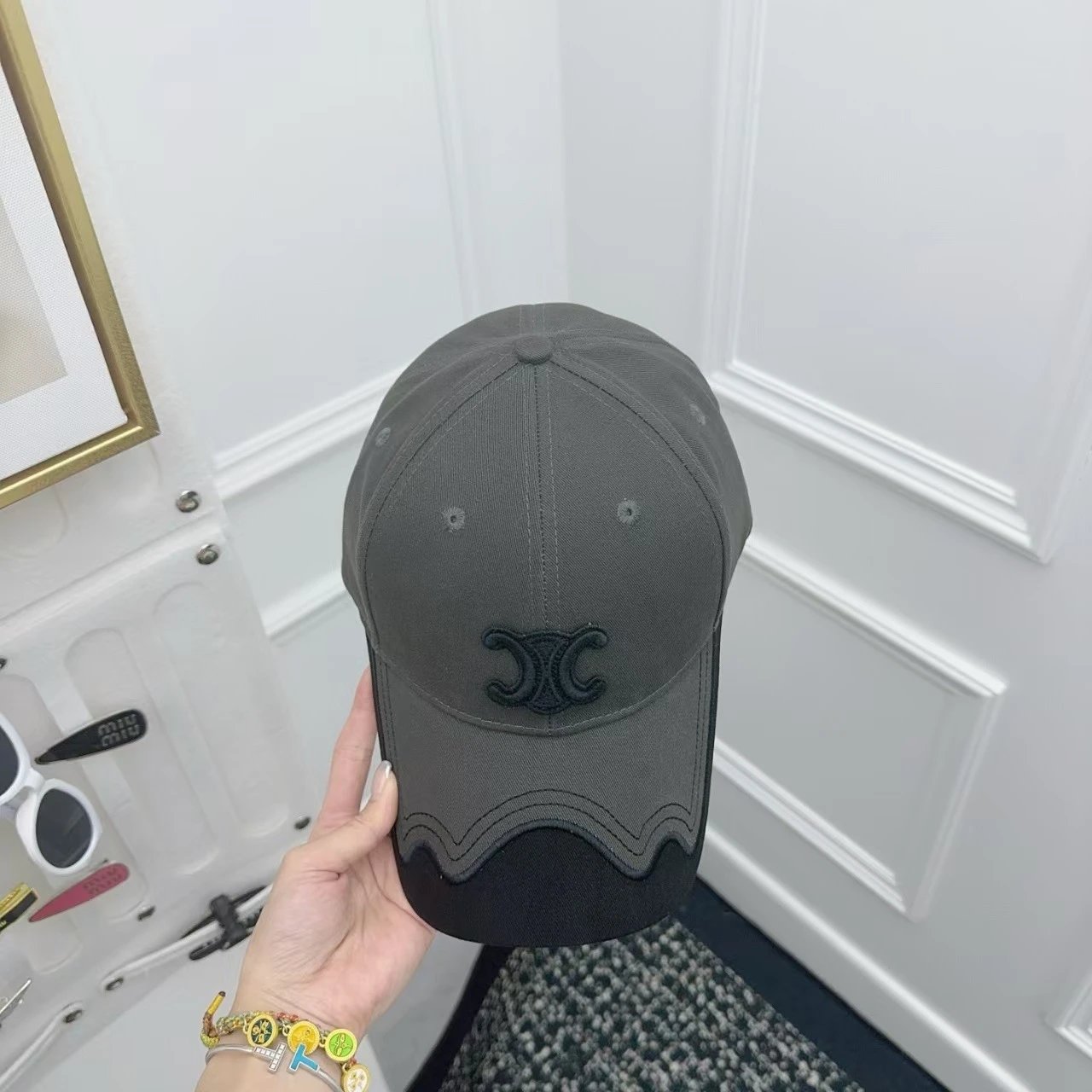 Celine Logo Embroidered Gray And Beige Wavy Brim Baseball Cap