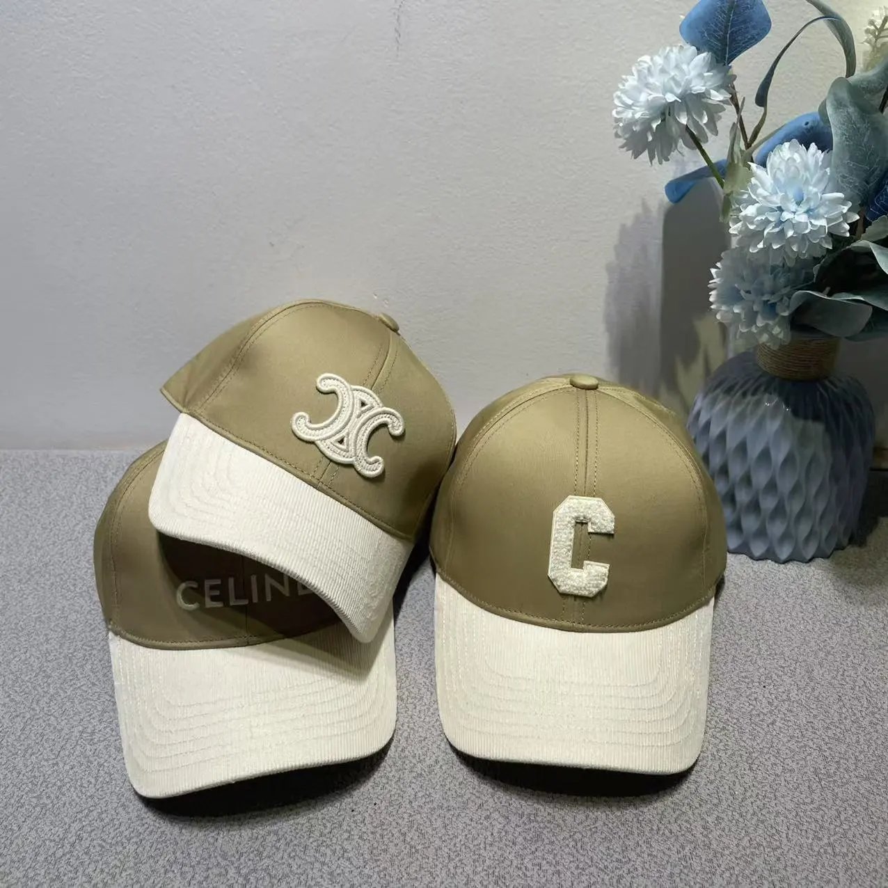 Celine Baseball Cap Khaki White Embroidered Logo Cap