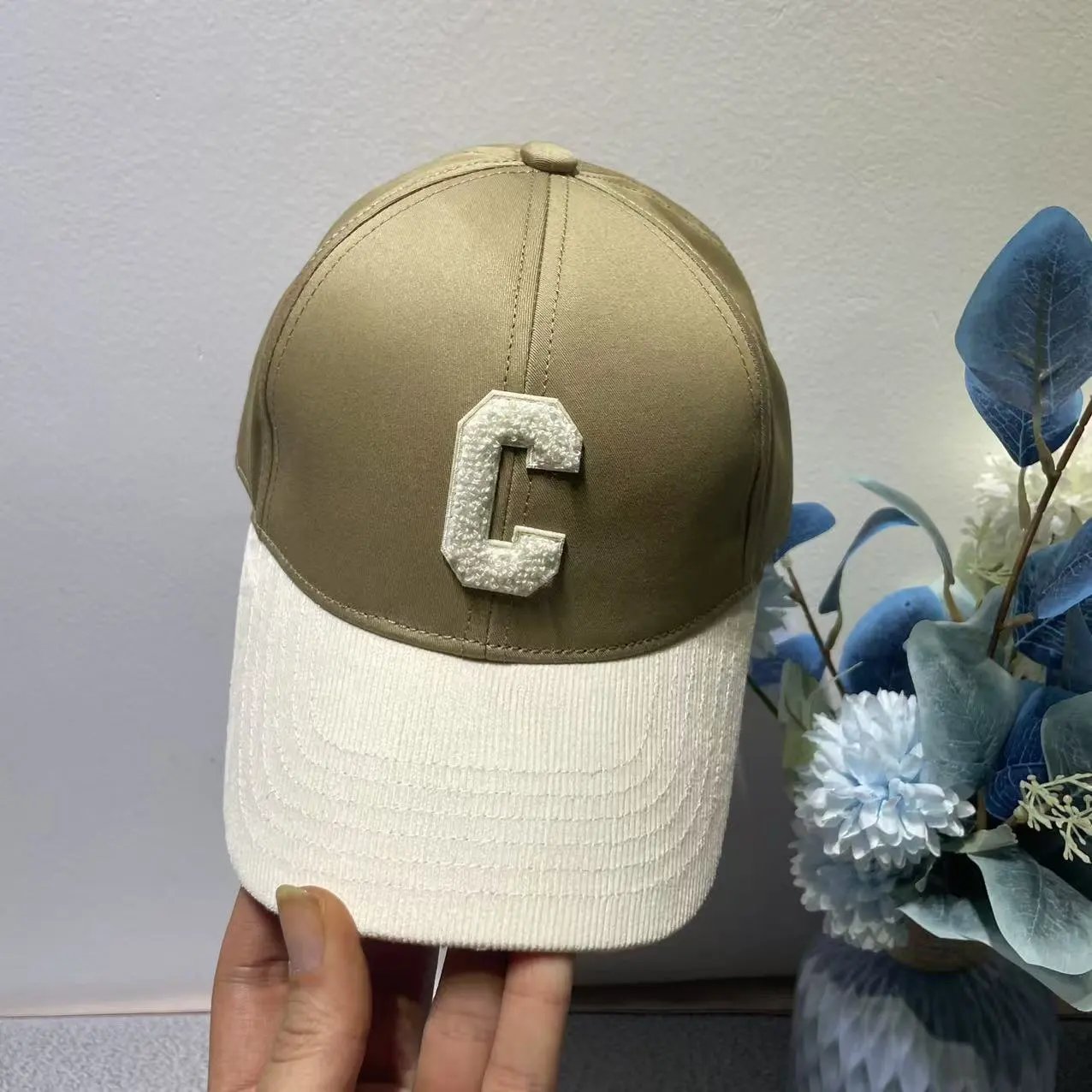 Celine Baseball Cap Khaki White Embroidered Logo Cap