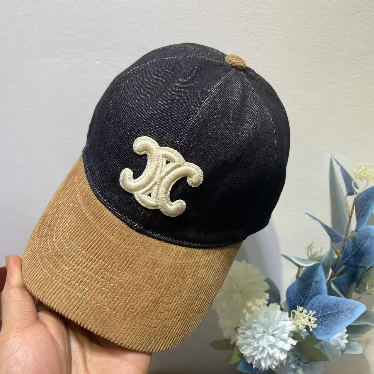 Denim Baseball Cap Black Beige Embroidered Logo Cap