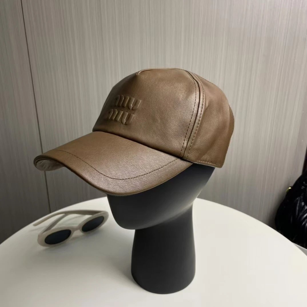 Miu Hats Embossed Logo Leather Baseball Cap — brown
