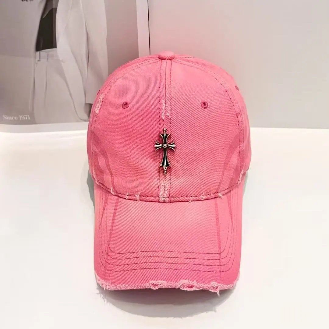 Distressed Denim Baseball Cap with Silver Cross Embroidery