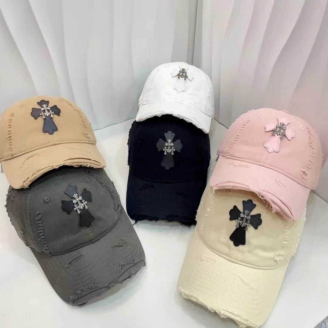 Distressed Baseball Cap with Cross Embroidery Beige White Black Gray Pink Casual Hat