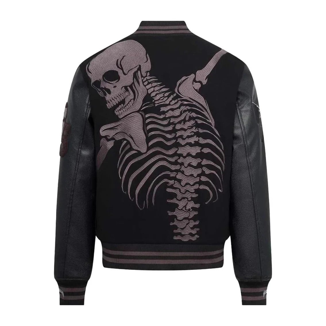 Skeleton Embroidered Black Leather Sleeve Varsity Jacket