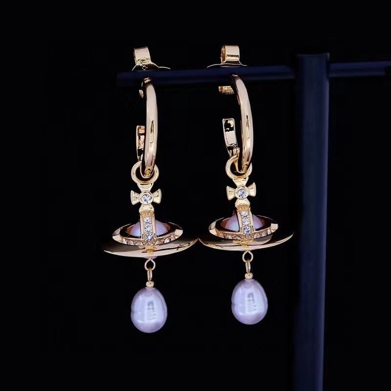 Vivienne Westwood Orb Gold Lavender Pearl Hoop Earrings