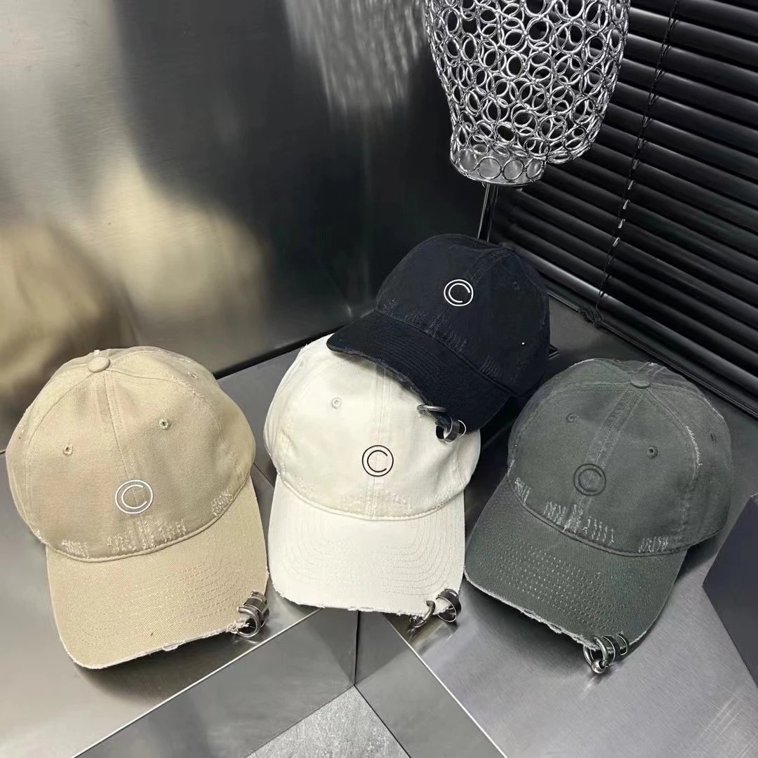 Circled Logo Distressed Cotton Baseball Cap Beige White Black Olive Streetwear