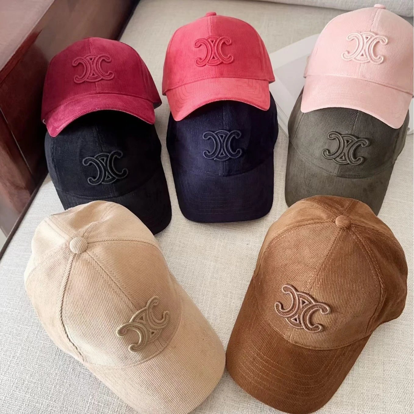 Corduroy Baseball Cap Embroidered Logo Beige Pink Red Black Navy Olive Casual Hat