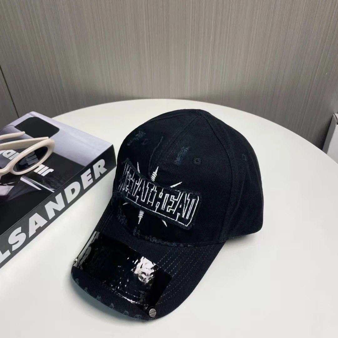 Black Denim Baseball Cap With White Embroidered Logo And Glossy Visor
