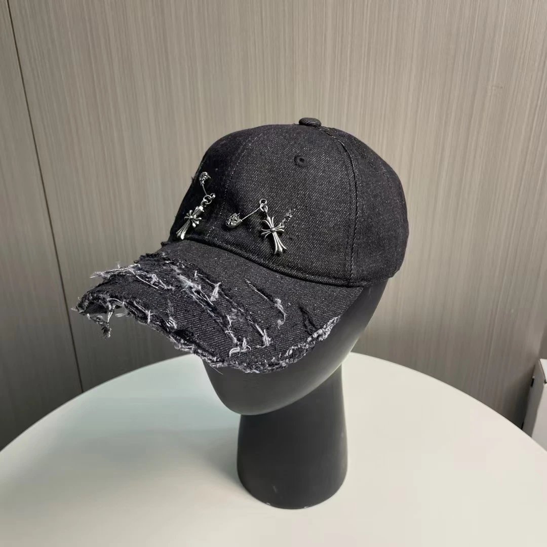 Denim Baseball Cap Black and Blue Distressed Embellished Cross Charm Cap