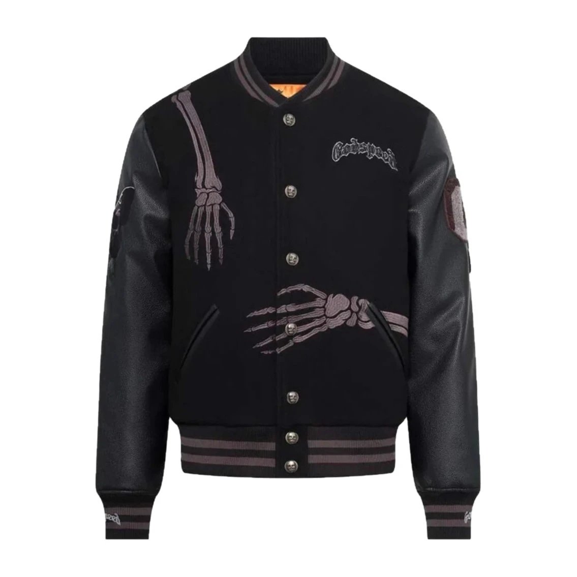 Skeleton Embroidered Black Leather Sleeve Varsity Jacket