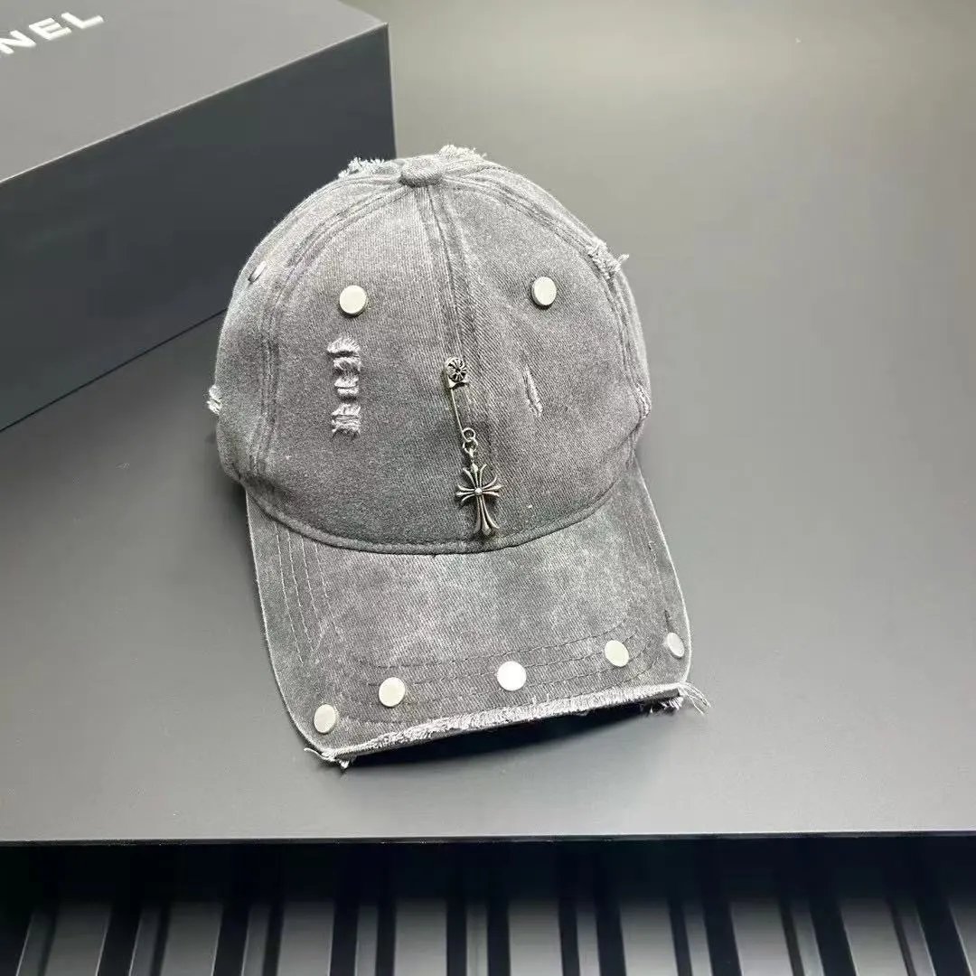 Distressed Denim Baseball Cap with Cross Charm and Rivets Vintage Style