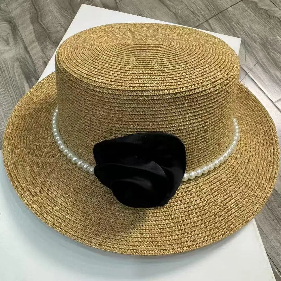 Straw Fedora Hat Beige Pink White Blue Black Floral Pearl Trim