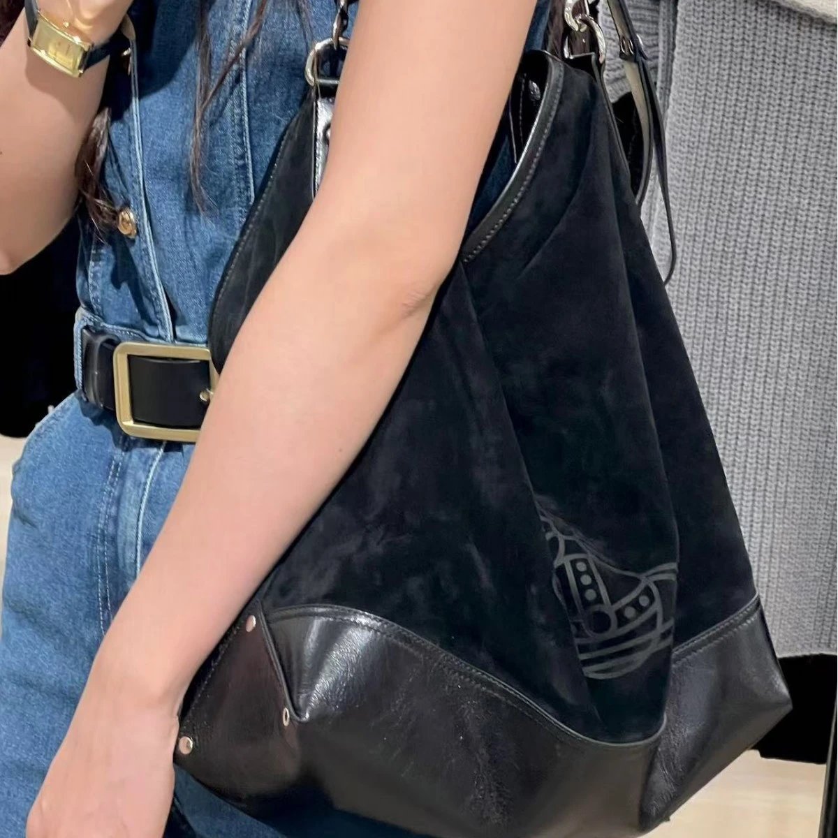Vivienne Westwood Orb Black Suede Hobo Bag
