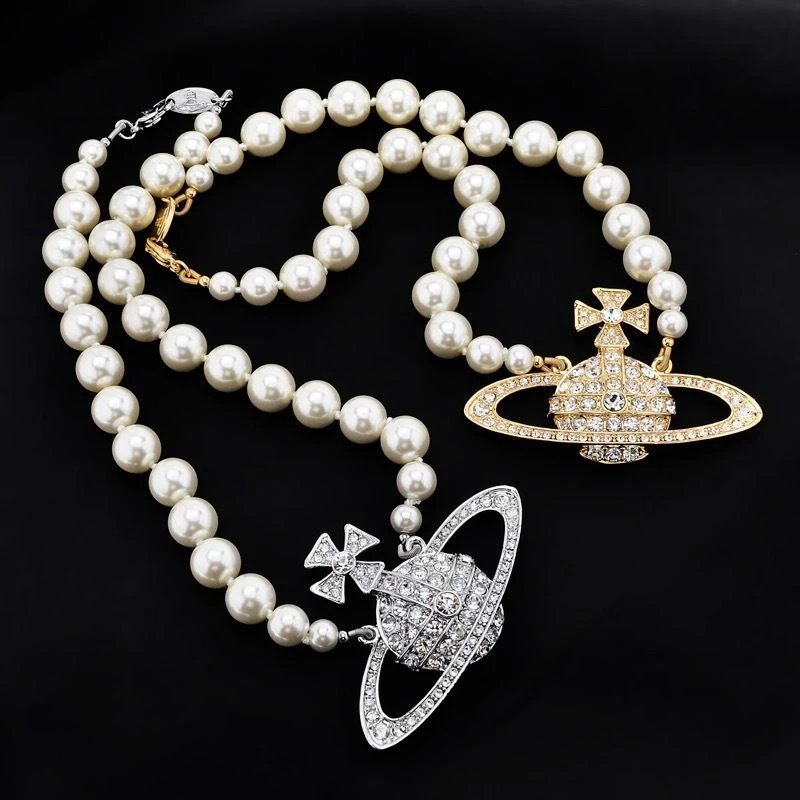 Vivienne Westwood Orb Silver Crystal White Pearl Necklace