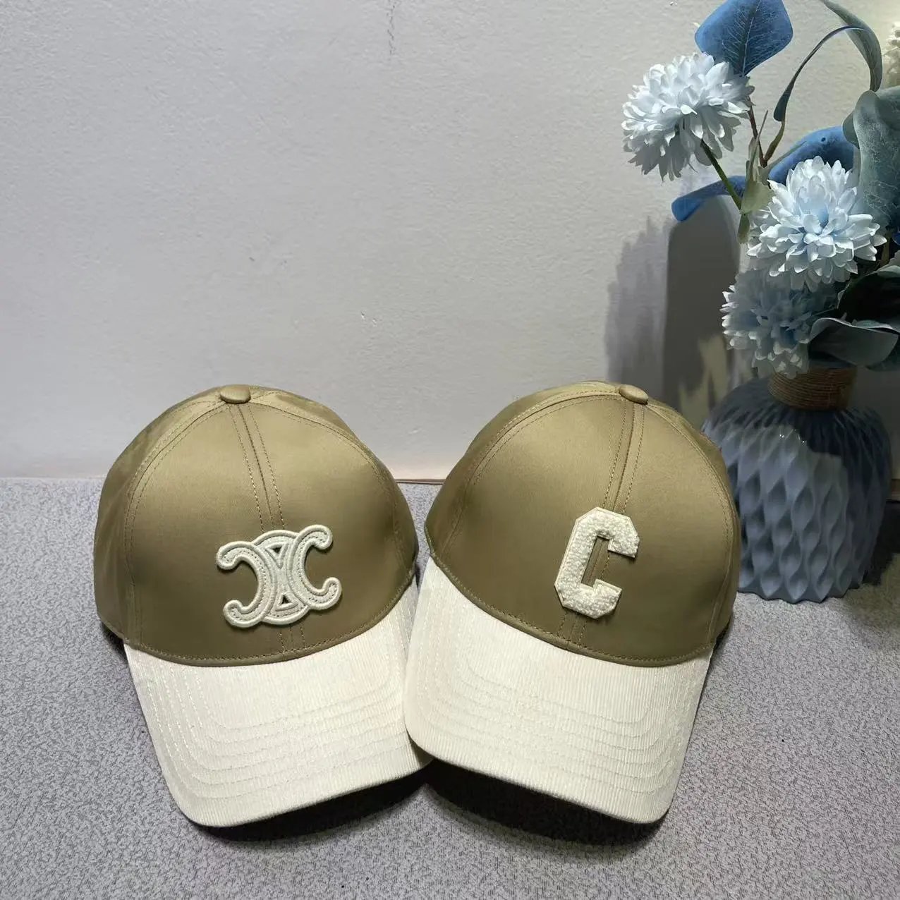 Celine Baseball Cap Khaki White Embroidered Logo Cap