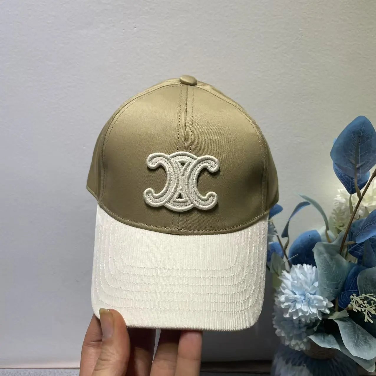 Celine Baseball Cap Khaki White Embroidered Logo Cap