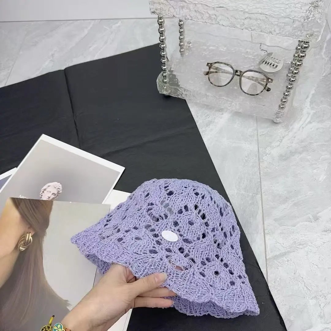 alo Hats Crochet openwork bucket hat with scalloped brim — Violet