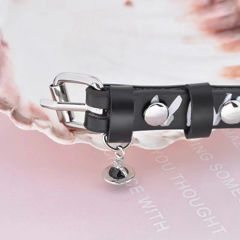 Black Leather Choker with Silver Studs and Bell Charm Punk Style