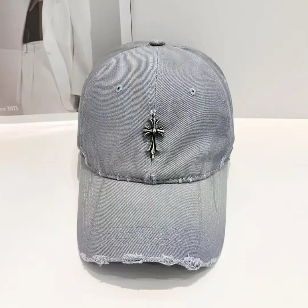 Distressed Denim Baseball Cap with Silver Cross Embroidery