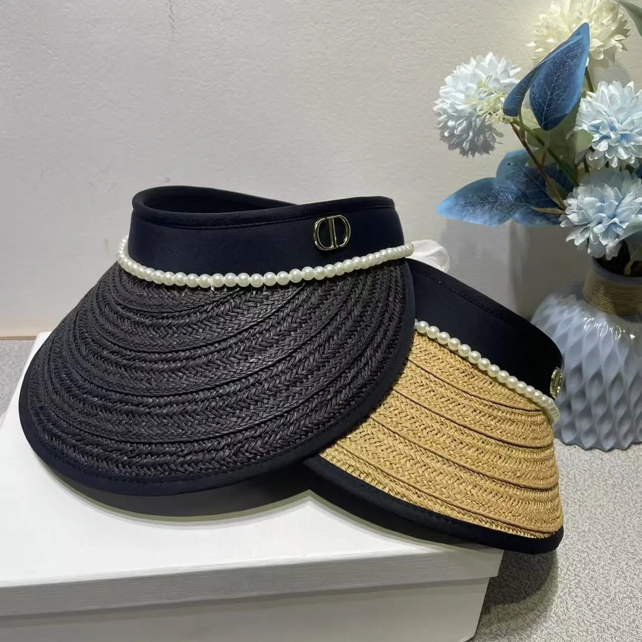 Dior Visor Black Beige Woven Pearl Embellished Sun Hat