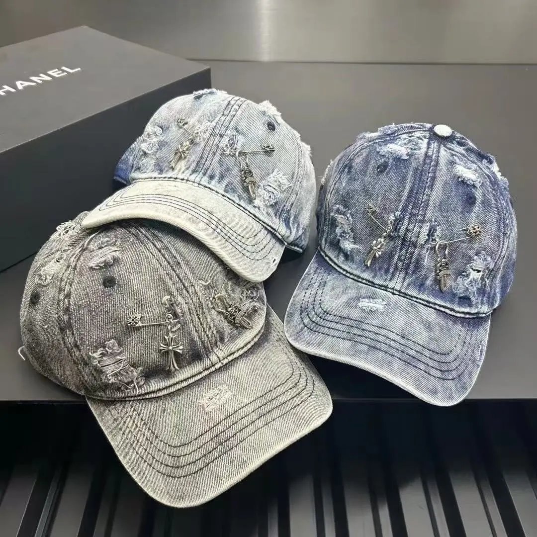 Denim Baseball Cap Distressed Gray Blue Embellished Streetwear