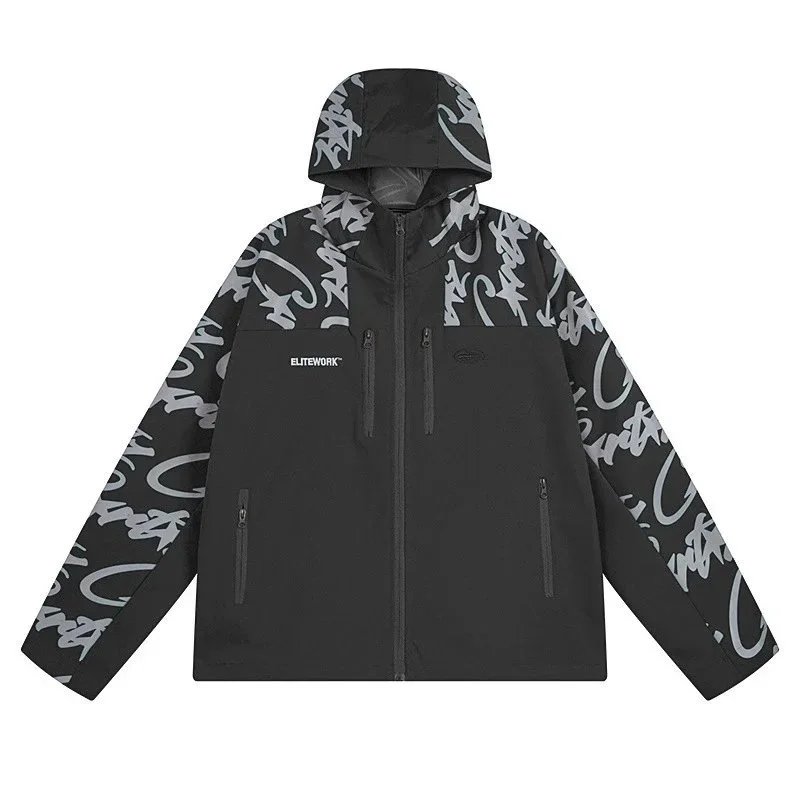 Blitzwerk Printed Hooded Windbreaker Light Blue Black Orange Streetwear
