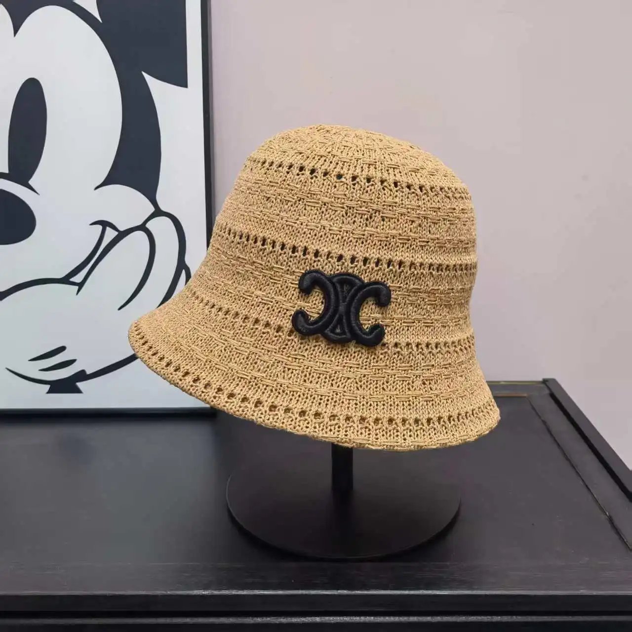 Knitted Bucket Hat Beige Black Cream Embroidered Logo Casual