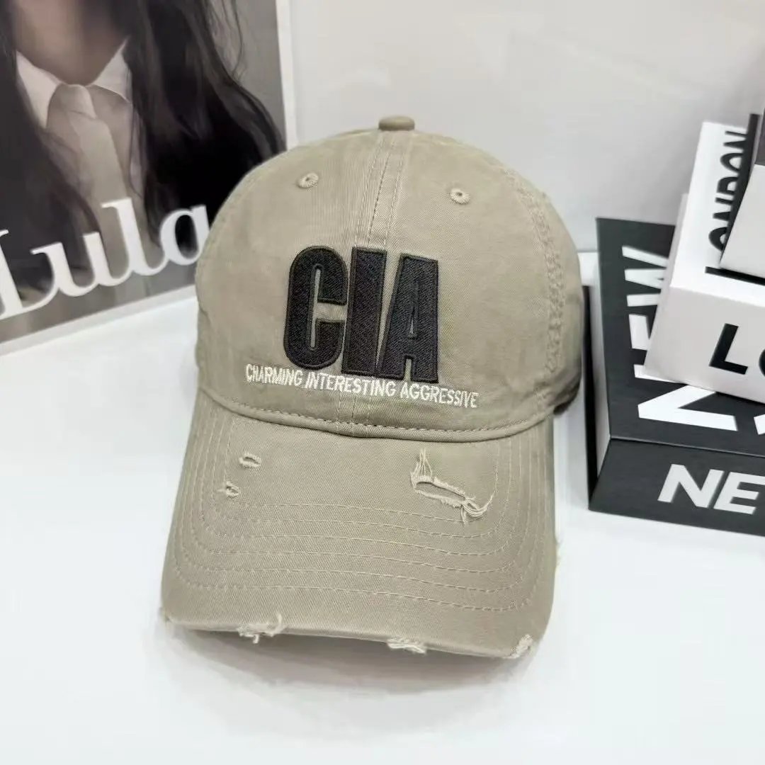 Unbranded Hats CIA Embroidered Distressed Baseball Cap — Khaki