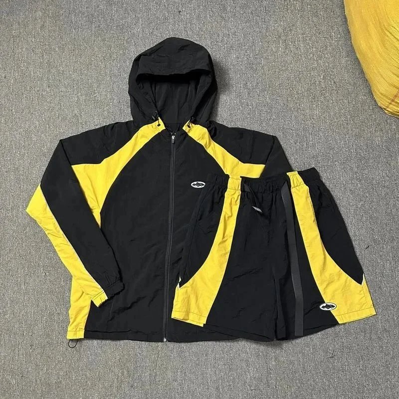 Black Yellow Panelled Hooded Windbreaker Set Sporty