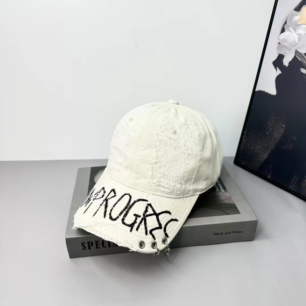 Distressed White Denim Baseball Cap with Graffiti Print and Metal Rivets