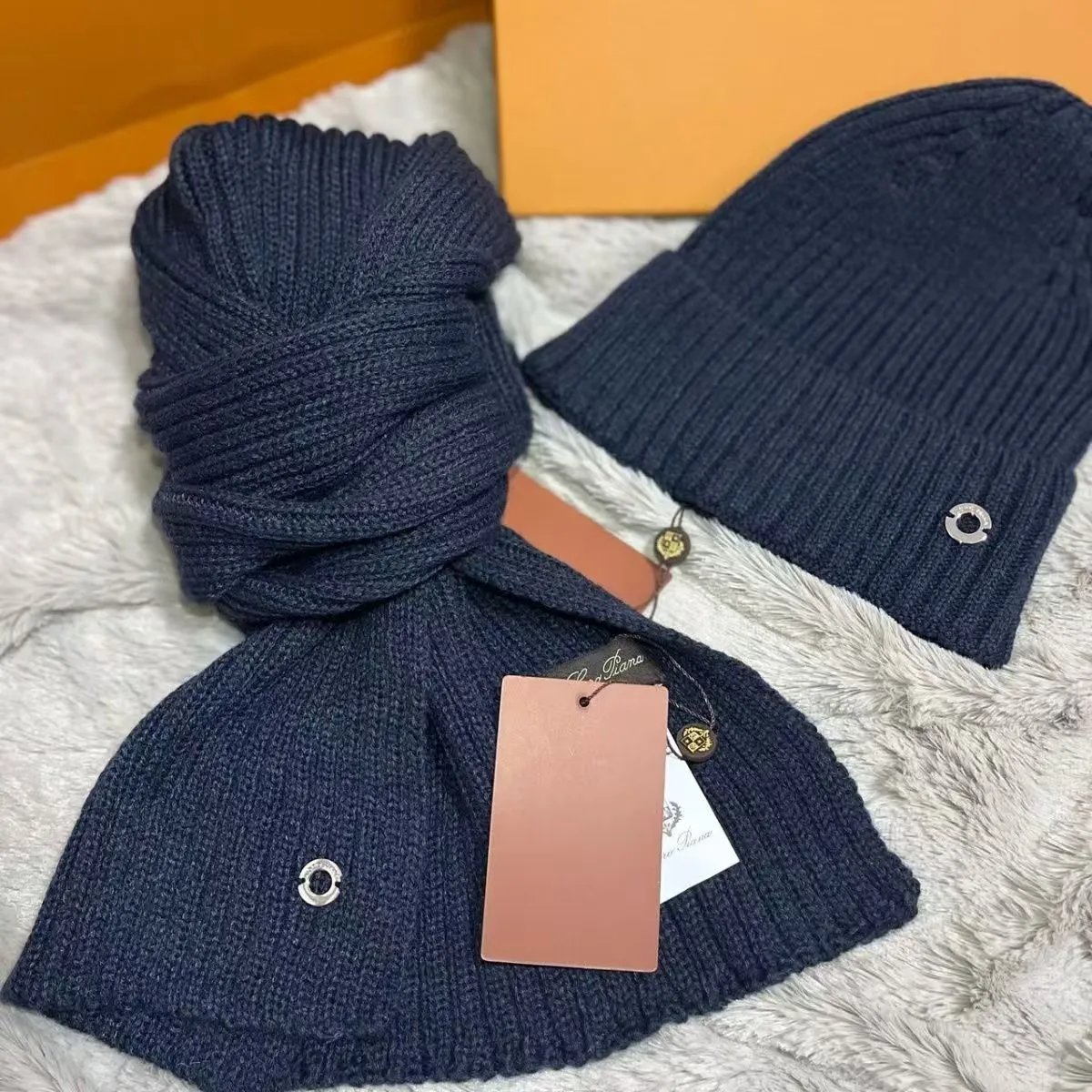 Ribbed Knit Beanie and Scarf Set Navy Black Gray Winter Accessories