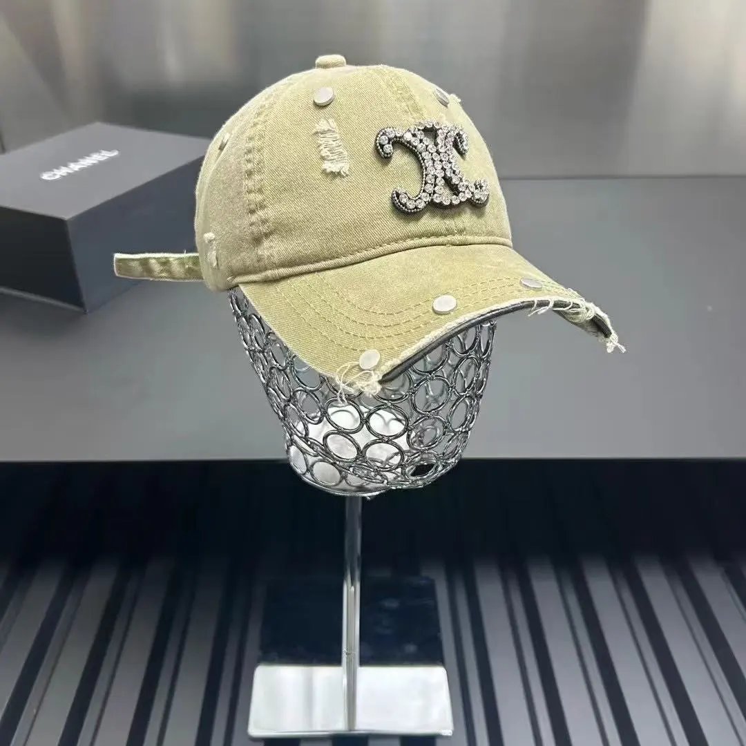 Chanel Hats Distressed Rhinestone Double-C Baseball Cap — Khaki
