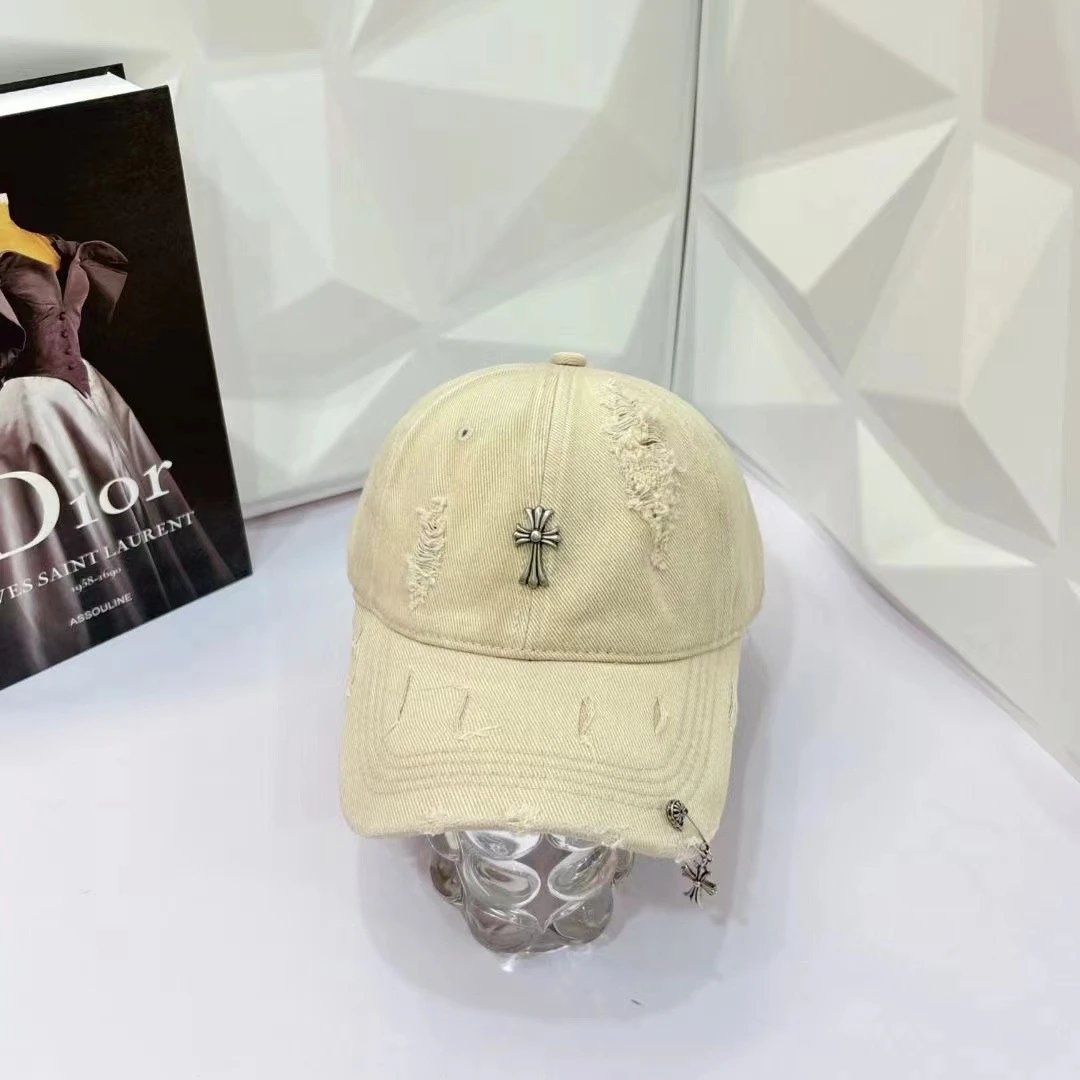 Distressed Denim Cap with Silver Cross Embellishment Beige Black Gray Red Pink Streetwear