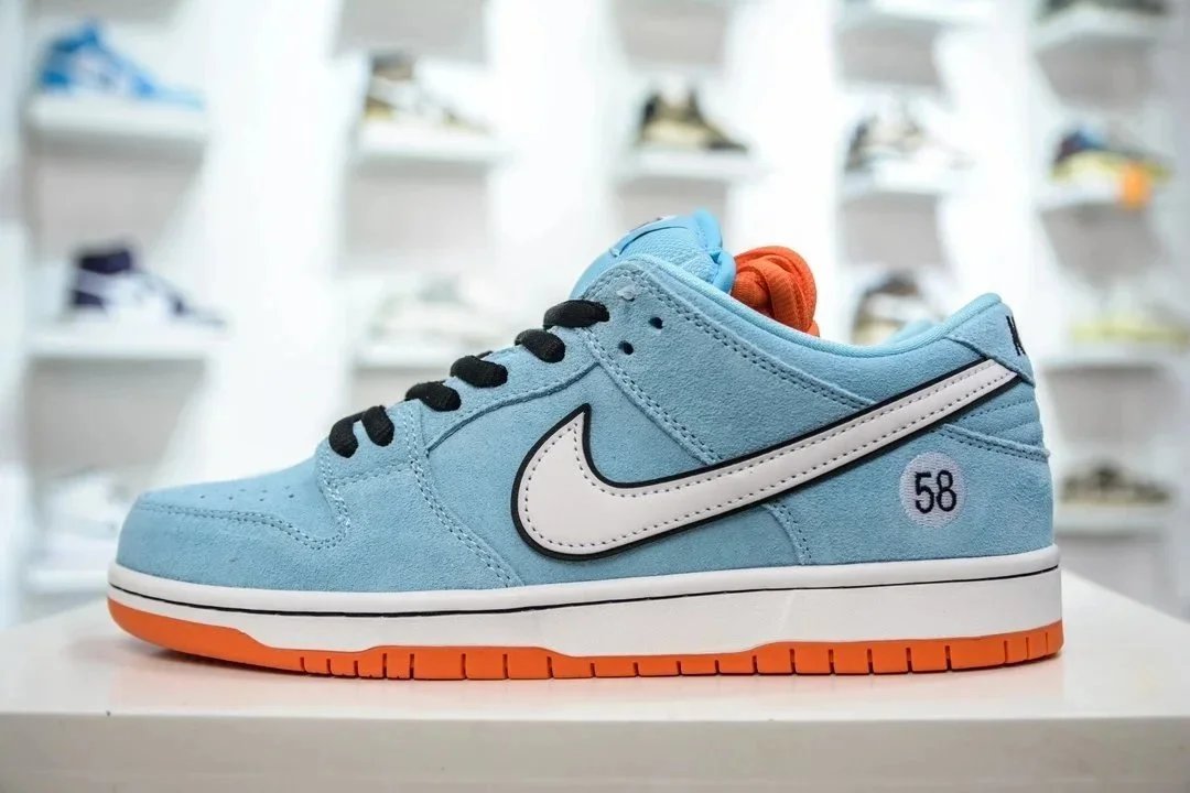 Nike Dunk Low Light Blue Suede Orange Sole Skate Sneakers