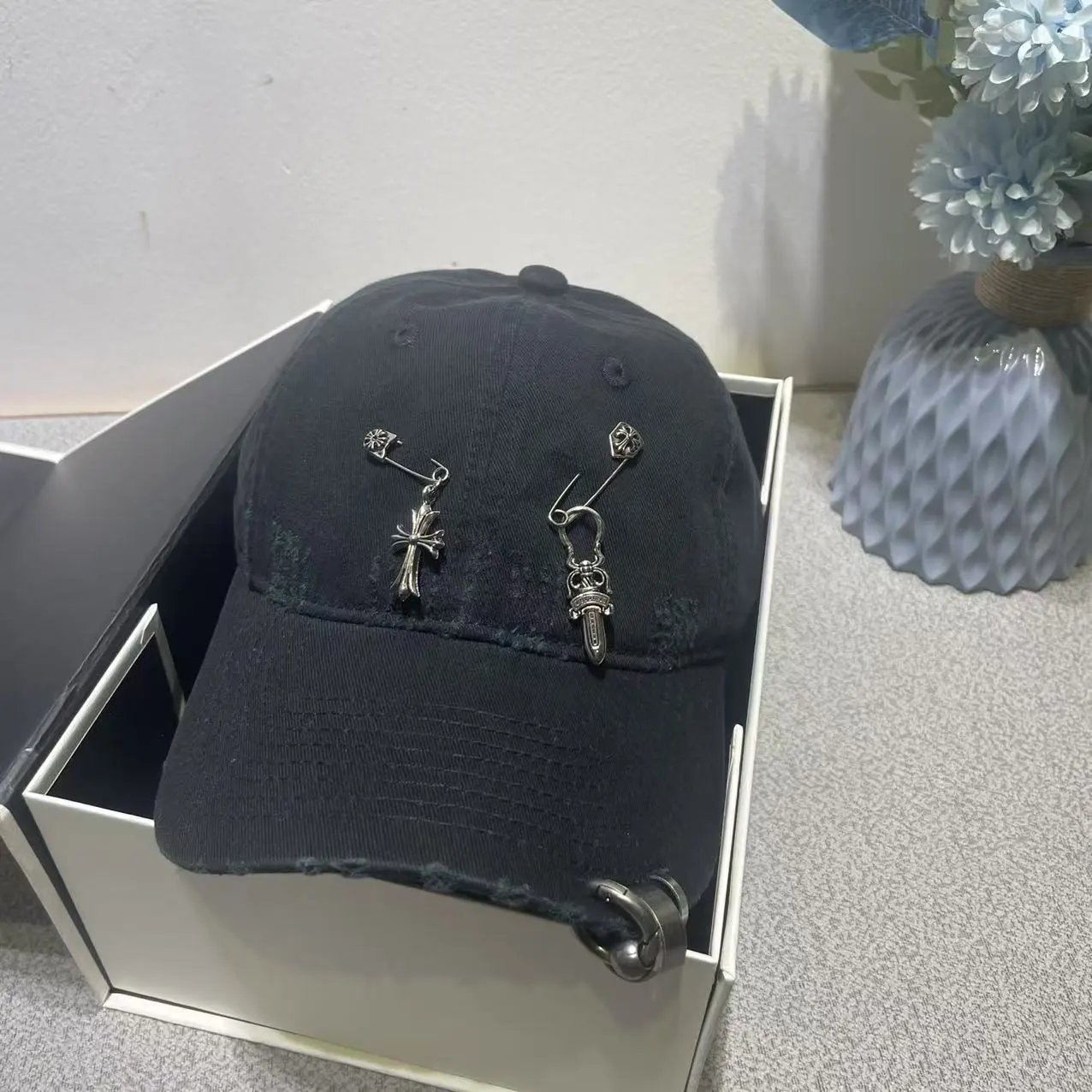 Distressed Black Denim Baseball Cap with Silver Safety Pin and Cross Charms