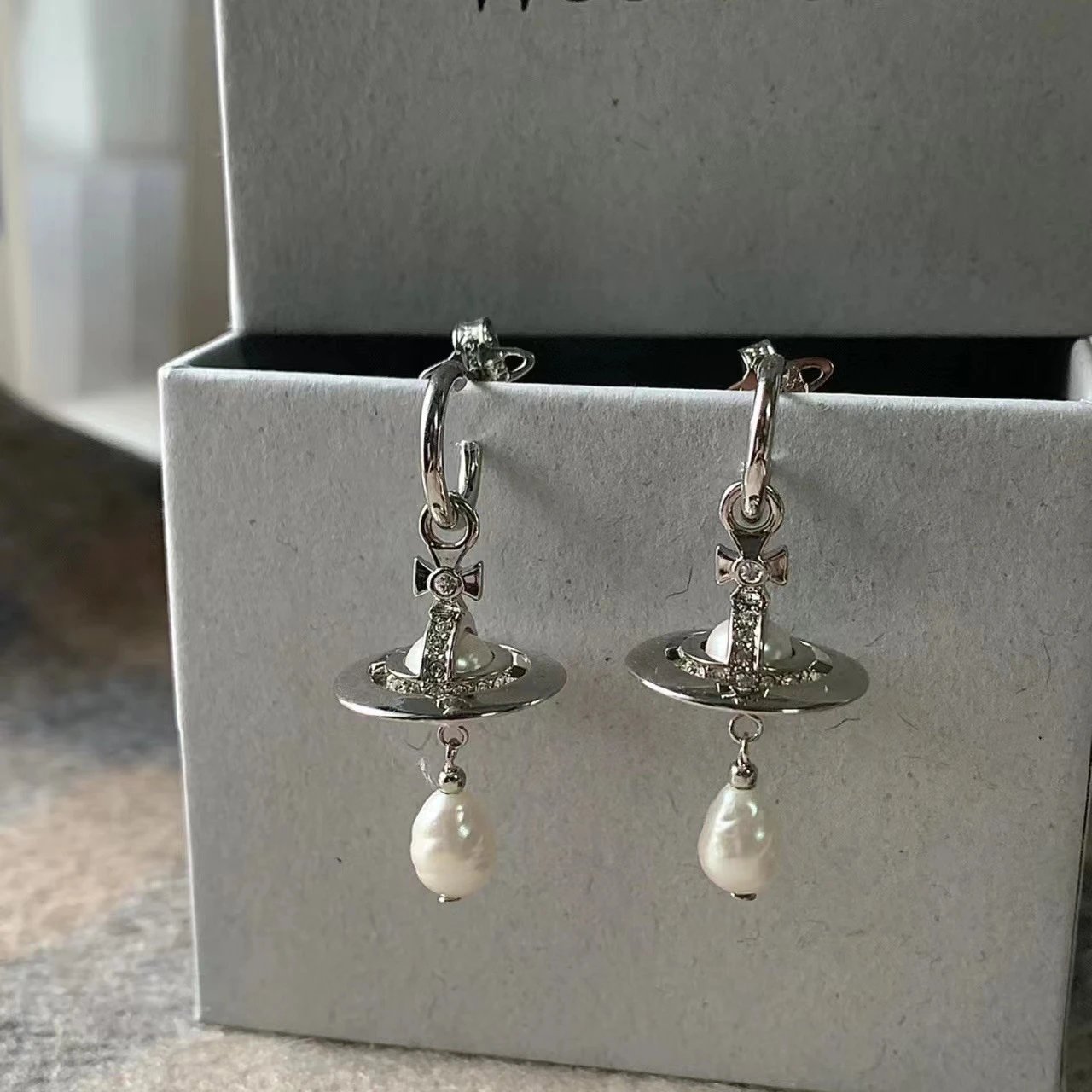Vivienne Westwood Orb White Pearl Dangle Earrings