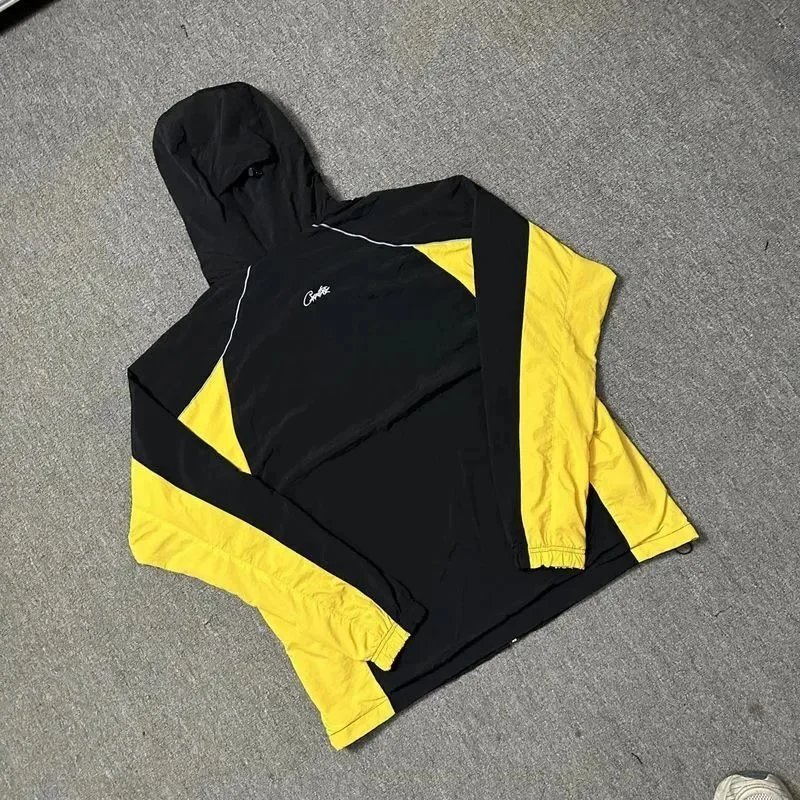 Black Yellow Panelled Hooded Windbreaker Set Sporty