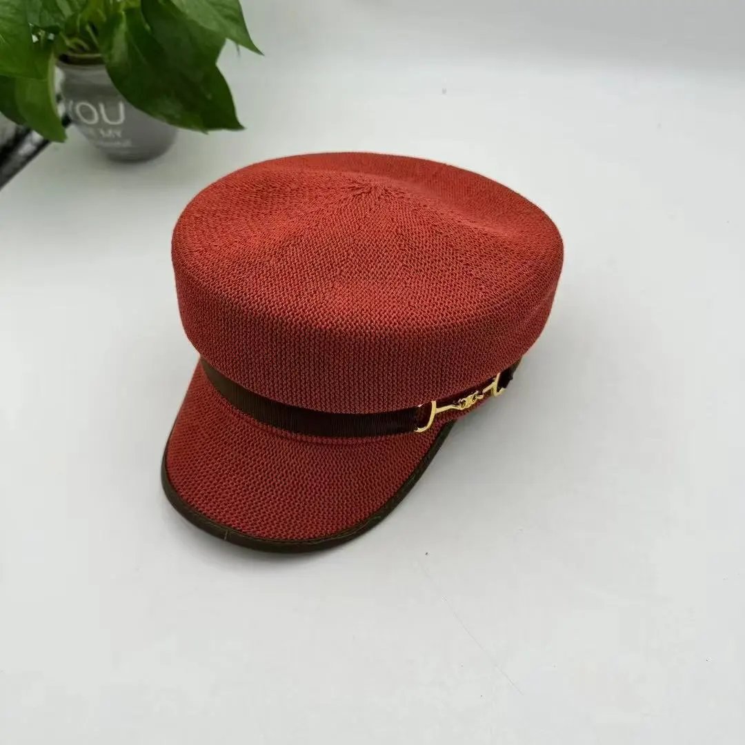 Woven Captain Hat Red Beige Black Military Style