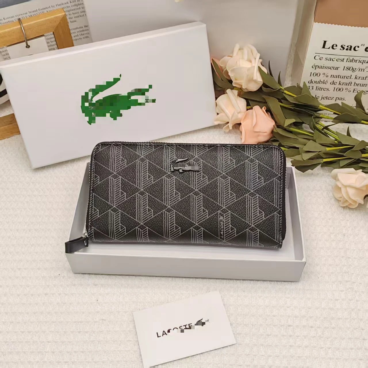 Lacoste Wallet Black Geometric Embossed Zipper Wallet