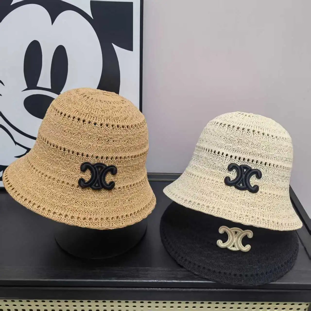 Knitted Bucket Hat Beige Black Cream Embroidered Logo Casual