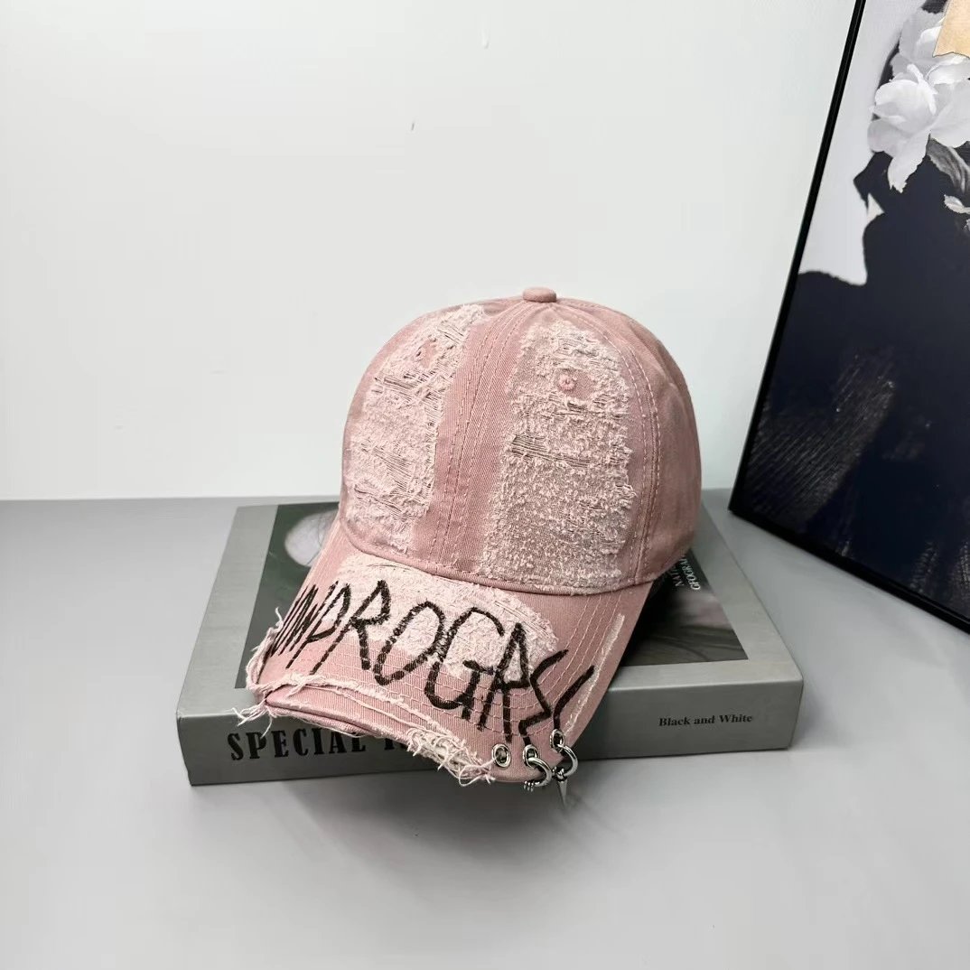 Distressed White Denim Baseball Cap with Graffiti Print and Metal Rivets